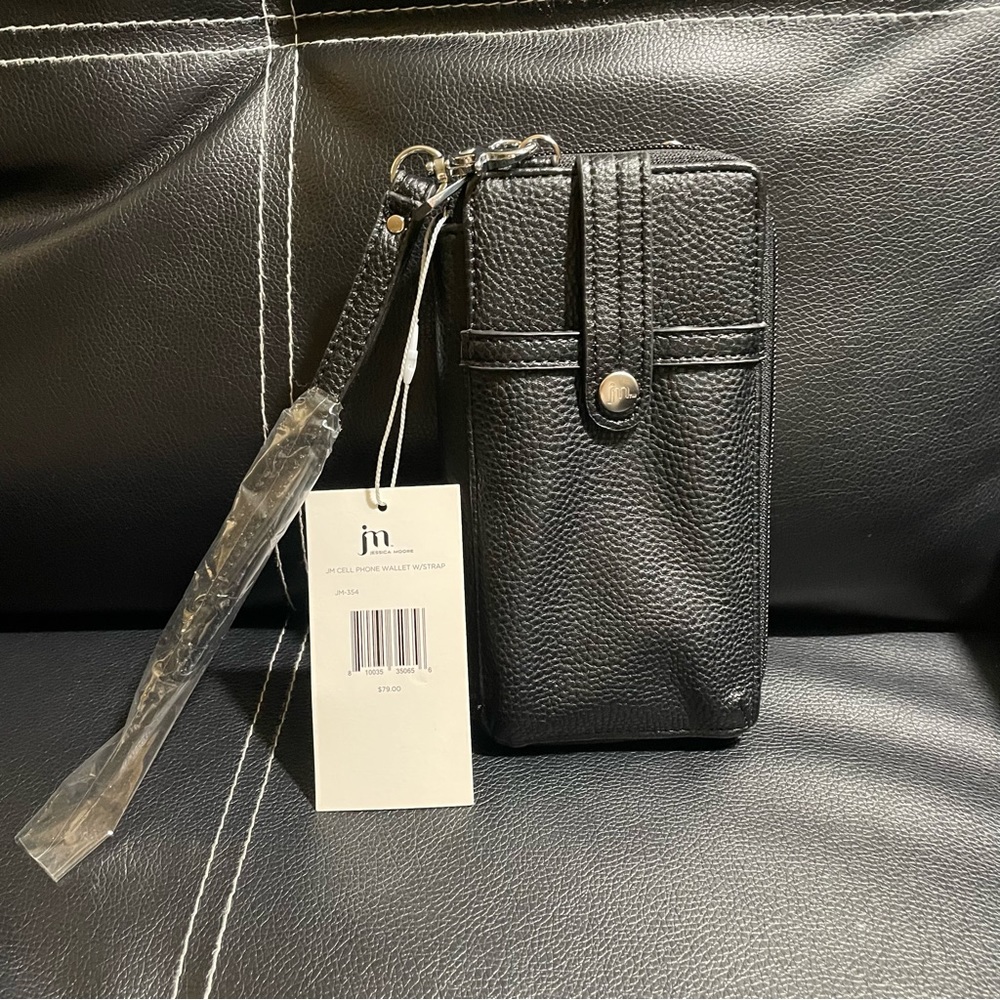 NWT Jessica Moore Faux Vegan Black Leather Phone Wristlet Wallet Cardholder